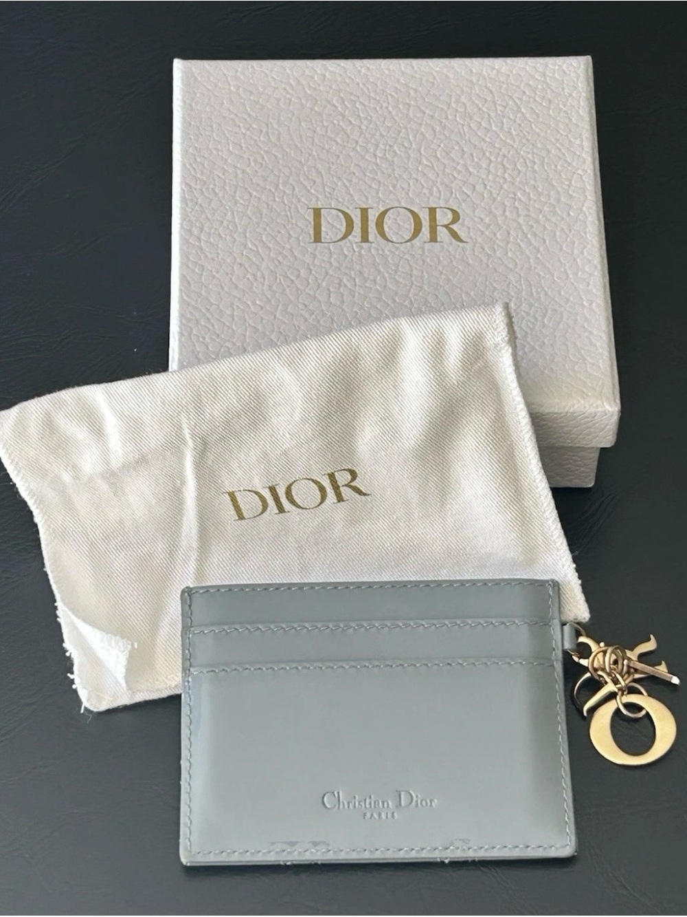 Dior Pale Gray Leather Card Holder with Gold Charms